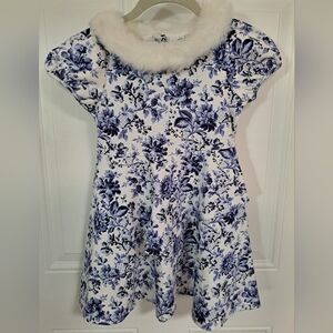 Janie And Jack Blue Floral Dress With A White Fur Collar Size 6.